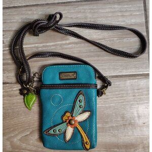 Chala Teal Blue Dragonfly Crossbody Purse, Cell Phone Holder, Adjustable Strap